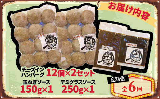 【毎月定期便】チーズハンバーグ(生)12個×2　玉ねぎソース150g、デミグラスソース250g全6回【配送不可地域：離島】