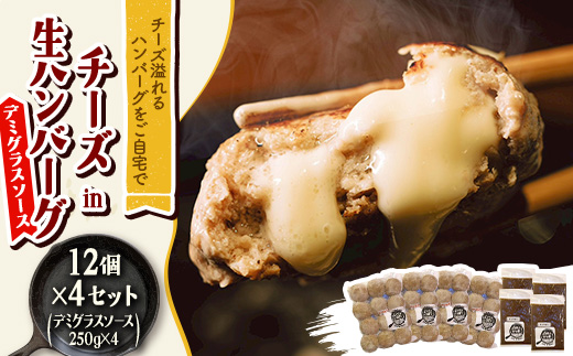 チーズ in 生ハンバーグ 12個×4セット+デミグラスソース250g×4【配送不可地域：離島】