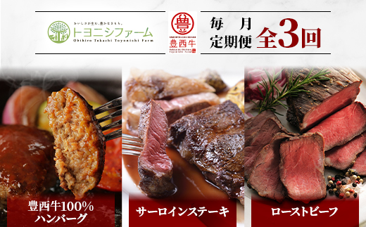 【毎月定期便】豊西牛100%ハンバーグ・サーロインステーキ・ローストビーフセット 全3回【配送不可地域：離島】