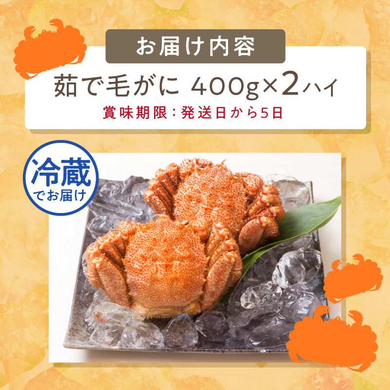 【予約：2025年3月下旬から順次発送】【旬の浜ゆで毛ガニを冷蔵便で】オホーツク海産 浜茹で海明け毛がに 約400g×2ハイ 冷蔵 ( かに 蟹 魚介類 海鮮 )【114-0029-2025】