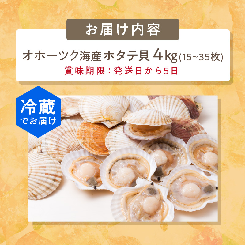 とれたて新鮮！オホーツク海産 活ホタテ貝 4kg 15～35枚 ( 魚介 海鮮 貝 帆立 ほたて ホタテ 4キロ カレー シチュー 肉厚 )【114-0048】