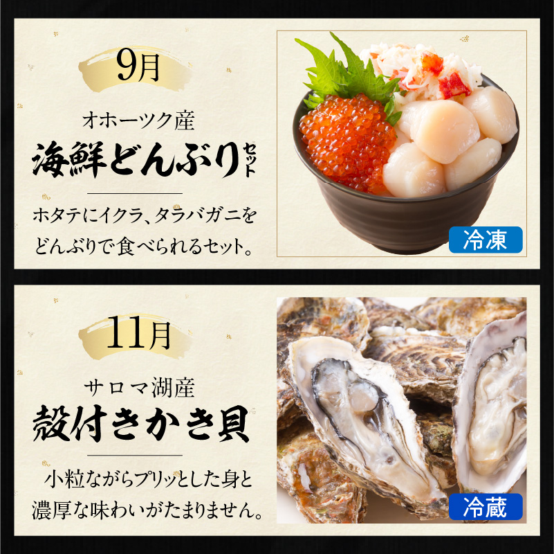 【全7回定期便】オホーツク海・サロマ湖で水揚げされた「旬」の魚介が届く！わくわく定期便 ( ウニ 毛ガニ 甲羅盛り ほたて ホタテ 真ほっけ 海鮮丼 カキ たらばがに 定期便 魚介 北の味覚 )【999-0197】