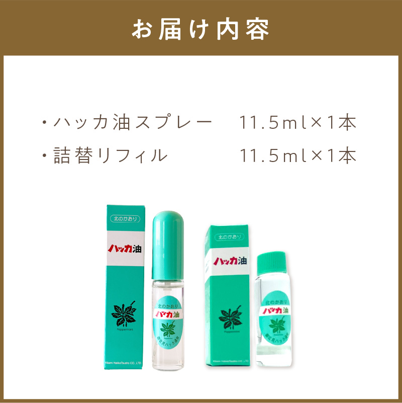ハッカ油スプレー11.5ml 1本と詰替リフィル1本 ( ミント スプレー 消臭スプレー 携帯用 詰替え 薄荷 消臭 リフィル 爽快 アロマオイル 天然由来 マスク ハンカチ 爽快感 キャンプ ゴルフ 釣り アウトドア )【007-0029】