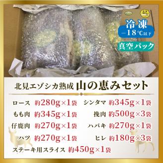 北見エゾシカ 熟成肉山の恵みセット ( 肉類 肉 国産 鹿肉 熟成 詰め合わせ ロース しんたま 内もも ステーキカット肉 ハバキカット ハツ ヒレ ステーキ用スライス )【025-0030】
