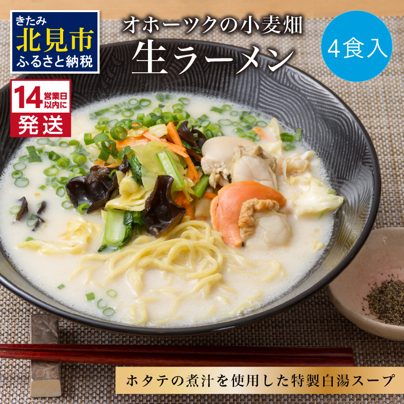 《14営業日以内に発送》【北海道産小麦100％使用】津村製麺所がつくる 生ラーメン オホーツクの小麦畑 ※ほたて白湯味4食入り ( ラーメン 帆立 ほたて ホタテ 麺 北見市 )【003-0029】