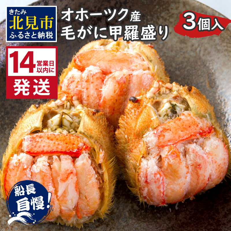 《14営業日以内に発送》船長自慢のオホーツク産毛がにの甲羅盛り 3個入り 冷凍 ( 毛ガニ 毛がに 毛蟹 蟹 かに カニ 甲羅盛り オホーツク海 北海道 北見市 ふるさと納税 グラタン チーズ カニ身 )【114-0073】