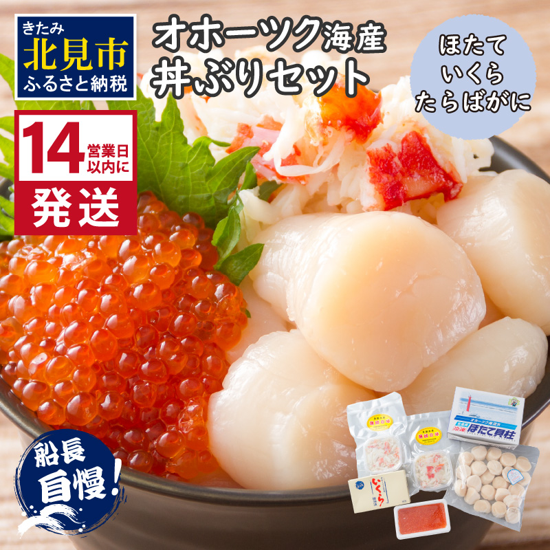 《14営業日以内に発送》ホタテとイクラとカニを食べつくす！船長おすすめのオホーツク丼ぶりセット ( オホーツク海 ホタテ ほたて 貝 魚介類 カニ かに 蟹 イクラ いくら 魚卵 鮭卵 鮭 さけ 海鮮丼 おつまみ 冷凍 )【114-0070】