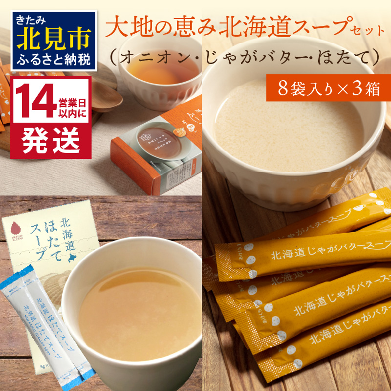 《14営業日以内に発送》全3種セット！大地の恵み北海道スープ 3種×1箱 ( スープ 即席 オニオンスープ たまねぎスープ ほたて じゃがバター 粉末 簡単 粉末スープ 調味料 ふるさと納税 )【125-0077】