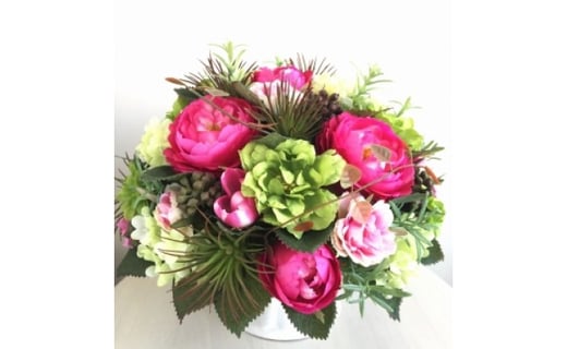 【ギフト用】美流渡の森 アーティフィシャルフラワー・アレンジメント ピンク、グリーン（ブリキ花器シリーズ）【12203】[a110-003]