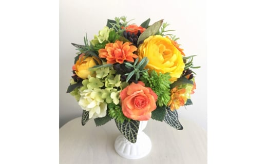 【ギフト用】美流渡の森 アーティフィシャルフラワー・アレンジメント 黄バラ・オレンジバラ（ブリキ花器シリーズ）【12249】[a110-049]