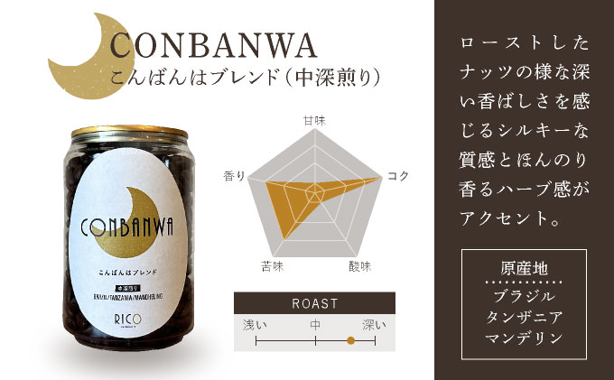 北海道岩見沢の『RICO CAFE』で提供中 有機栽培の生豆を焙煎した 「こんにちはブレンド」「こんばんはブレンド」の オリジナルコーヒーセット [a149-002]