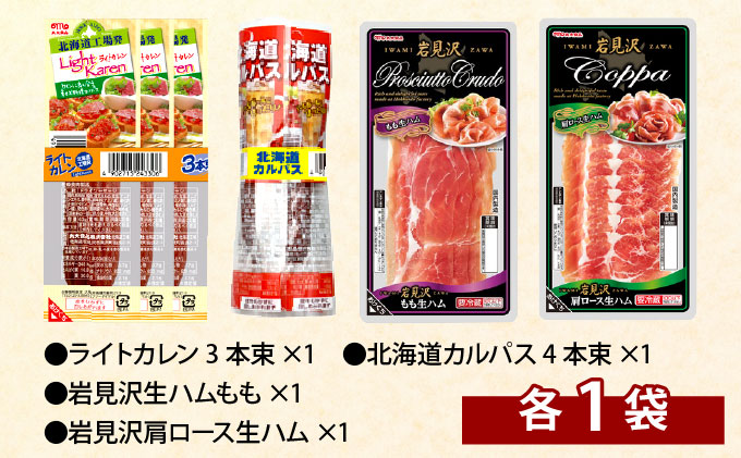 燻製屋熟成あらびきウインナー・ソーセージ・生ハム詰め合わせC 燻製屋熟成あらびきウインナー2P×4、ライトカレン3本束×1、北海道カルパス4本束×1、厚切りステーキ450ｇ×2、生ハムパンチェッタ×2、北海道工場発切落しモモ生ハム×2、岩見沢生ハムもも×1、岩見沢肩ロース生ハム×1 [a145-007]