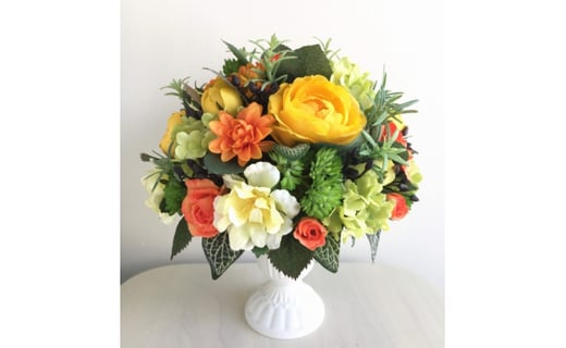 【ギフト用】美流渡の森 アーティフィシャルフラワー・アレンジメント 黄バラ・オレンジバラ（ブリキ花器シリーズ）【12249】[a110-049]