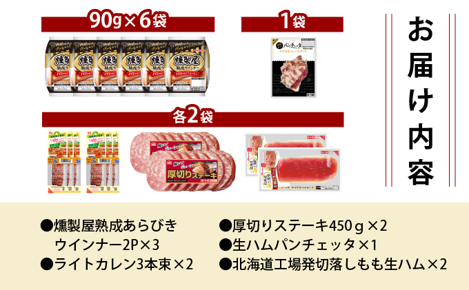 燻製屋熟成あらびきウインナー・ソーセージ・生ハム詰め合わせB 燻製屋熟成あらびきウインナー2P×3、ライトカレン3本束×2、厚切りステーキ450ｇ×2、生ハムパンチェッタ×1、北海道工場発切落しモモ生ハム×2 [a145-006]