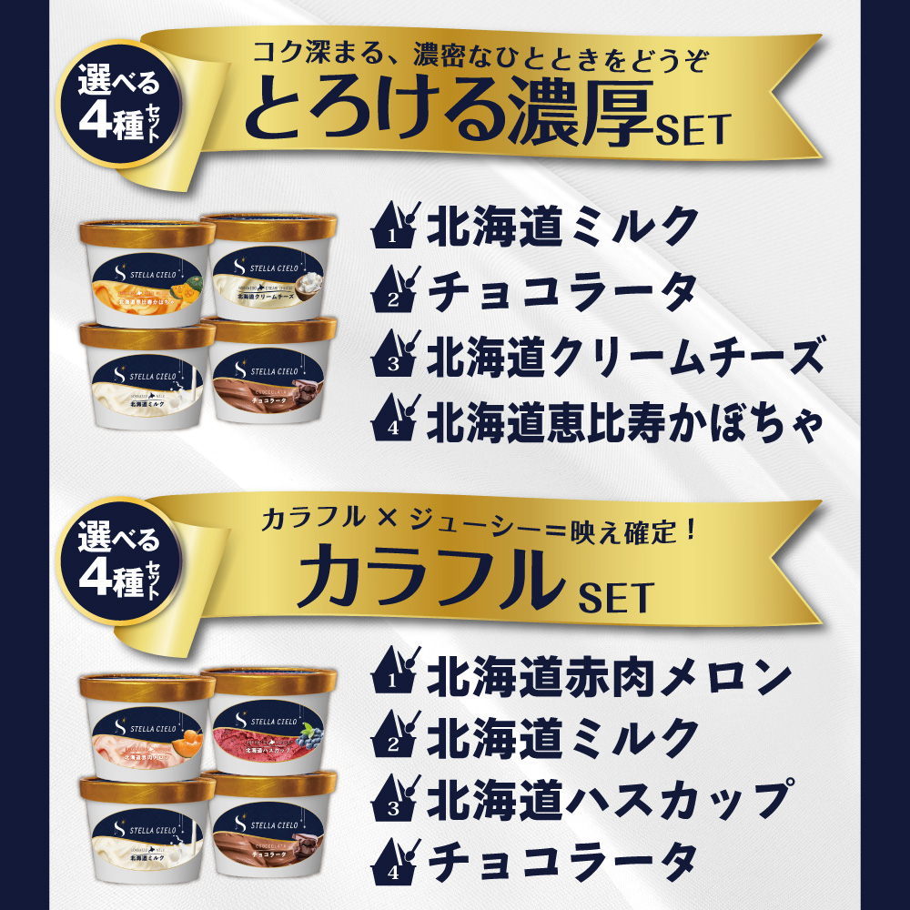 STELLA CIELO 北海道ジェラート4個 カラフル | 北海道ミルク チョコラータ 北海道赤肉メロン 北海道ハスカップ