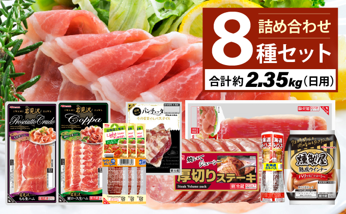 燻製屋熟成あらびきウインナー・ソーセージ・生ハム詰め合わせC 燻製屋熟成あらびきウインナー2P×4、ライトカレン3本束×1、北海道カルパス4本束×1、厚切りステーキ450ｇ×2、生ハムパンチェッタ×2、北海道工場発切落しモモ生ハム×2、岩見沢生ハムもも×1、岩見沢肩ロース生ハム×1 [a145-007]