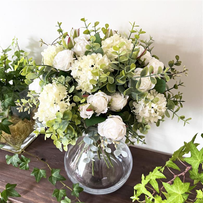 美流渡の森　アーティフィシャルフラワー花瓶付ブーケ（白系）[a110-077]