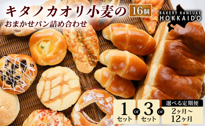 【定期便・全9回】【大人気！！】キタノカオリ小麦のおまかせパン詰め合わせ（計16個/1セット）×9回 ｜プレミアム小麦キタノカオリ100％ パン ぱん 食パン パン屋 自家製 朝食 おやつ 冷凍 北海道 岩見沢 [a116-025-9]