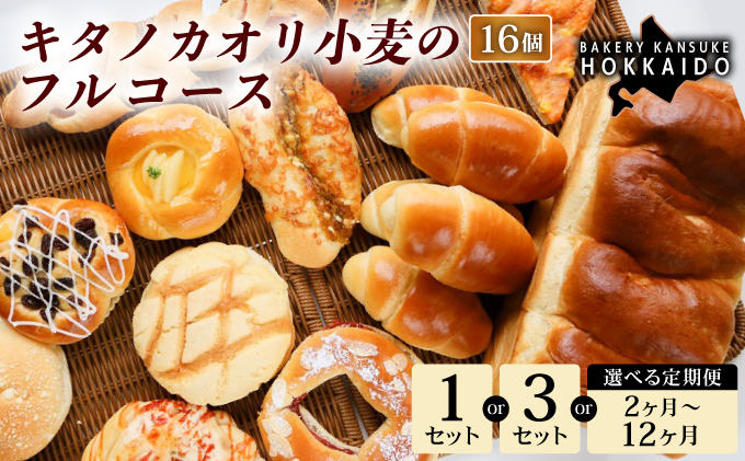 【定期便・全9回】【人気パンの福袋】『キタノカオリ小麦のフルコース』食パン1本・ロールパン5個・キタノカオリ小麦のおまかせパン10個(計16個) 1セット ×9回 ｜プレミアム小麦キタノカオリ100％ パン ぱん 食パン パン屋 自家製 朝食 おやつ 冷凍 北海道 岩見沢 [a116-027-9]