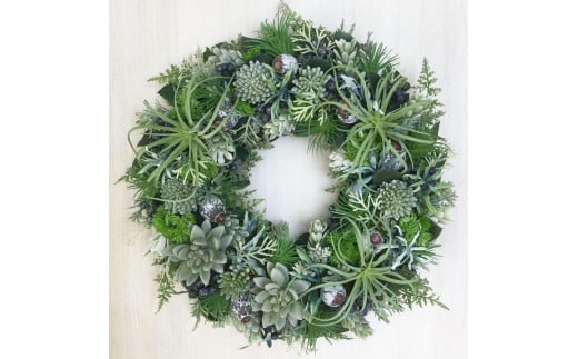 【ギフト用】美流渡の森アーティフィシャルフラワー・リース（シルバー、グリーン系）【12207】[a110-007]