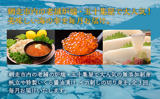 【毎月定期便】網走自慢の美味定期便(刺身帆立・いくら醤油漬け・イカ刺身)全3回 ABAO089