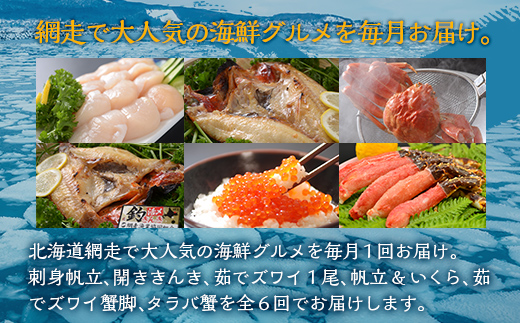 【毎月定期便】美味かにやの海鮮グルメ　オホーツクの海の幸をお届けする定期便全6回 ABAO097