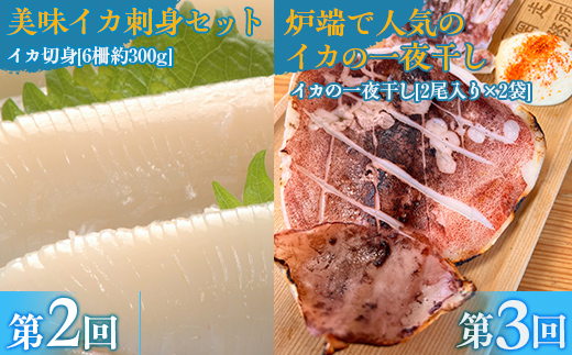 【毎月定期便】網走炉端五十集屋の酒の友達定期便(ほたて・いくら・たらこ、イカ刺身、イカ一夜干)全3回 ABAO090