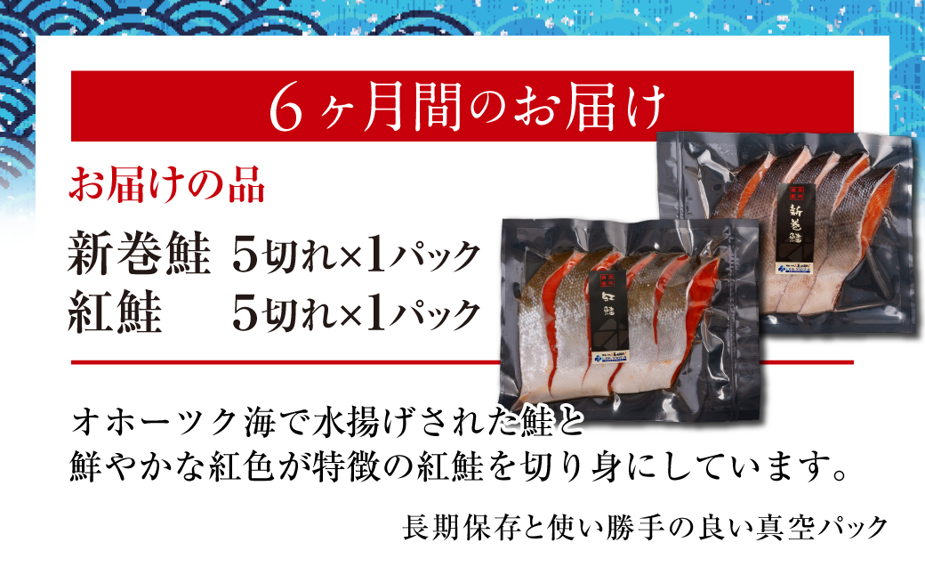 定期便 2大鮭の食べ比べ 新巻鮭・紅鮭 各5切れパックセット 全6回 ABB193