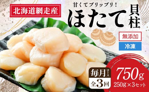 【2026年新物先行予約 全3回（毎月）】網走前浜産 無添加ホタテ貝柱750g（250g×3袋）（2026年6月15日より順次発送） ABAI033