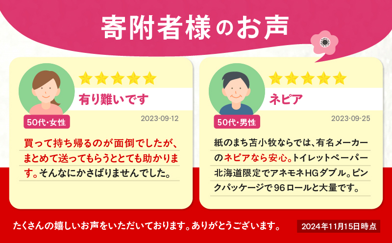 【A017】紙のまち苫小牧 ネピア トイレットペーパー アネモネHGダブル ピンクパッケージ（96ロール）　T001-003