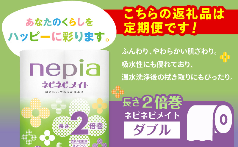 【全2回定期便】紙のまち苫小牧 ネピア ネピネピメイト トイレットロール 2倍巻 12ロール ダブル（72ロール×2回）　T001-T27