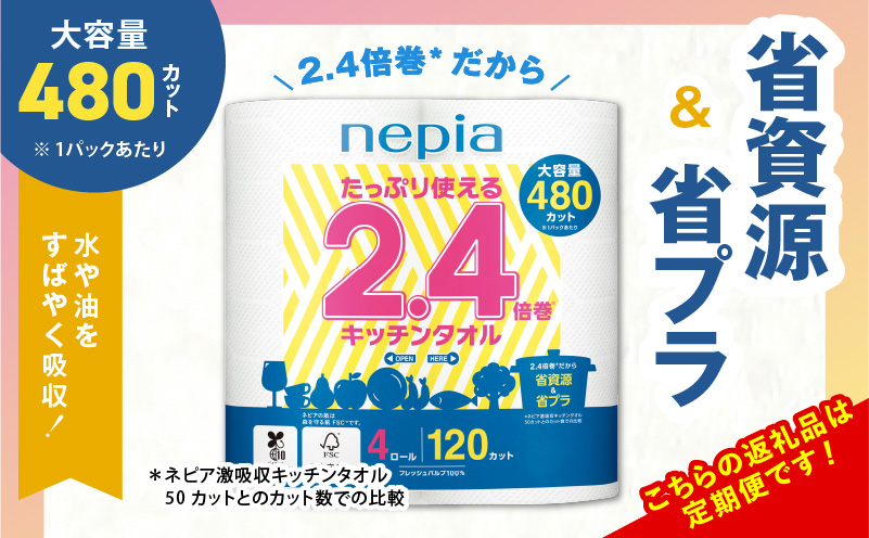 【全4回定期便】紙のまち苫小牧 ネピア たっぷり使える2.4倍巻 キッチンタオル（48ロール×4回）　T001-T32