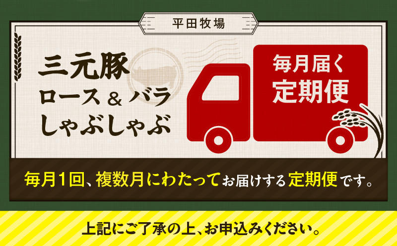 【全3回 毎月定期便】日本の米育ち平田牧場 三元豚ロース 250g・バラしゃぶしゃぶロース 250g　T036-T02-01