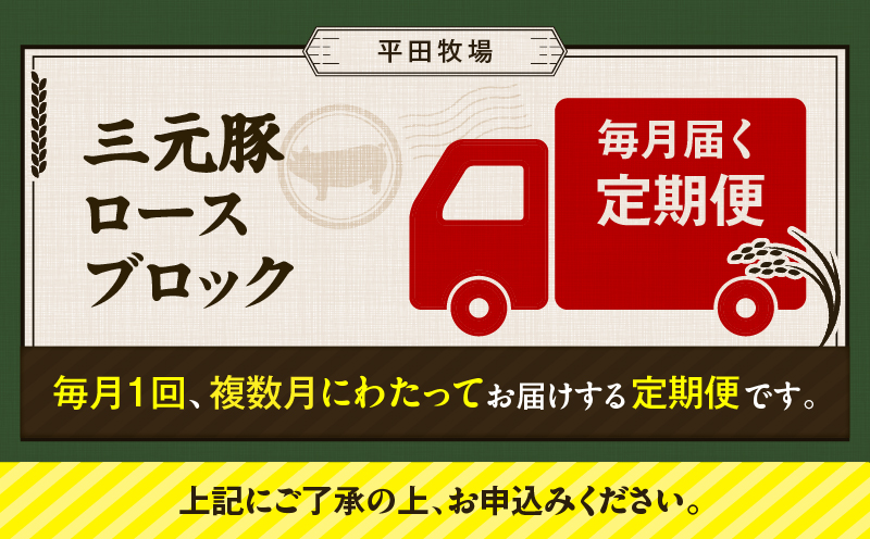【全3回 毎月定期便】日本の米育ち平田牧場三元豚ロースブロック 600g　T036-T06-01