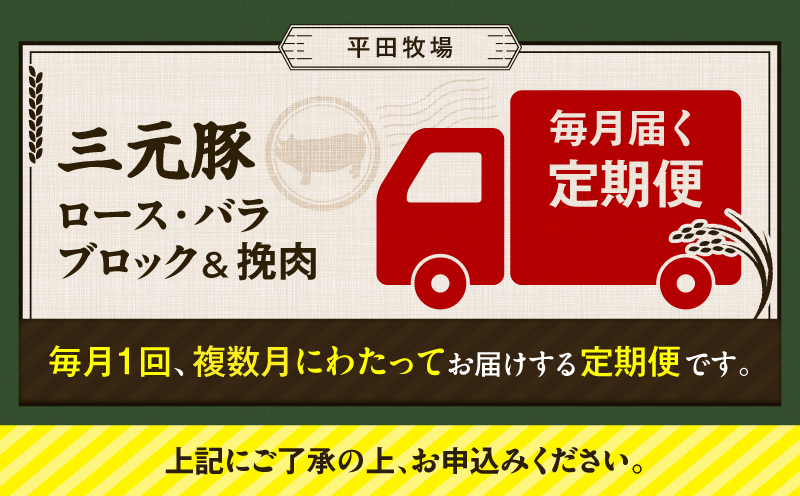 【全3回 毎月定期便】日本の米育ち平田牧場三元豚バラブロック 600g・豚ロースブロック 600g・豚挽肉 600g　T036-T15-01