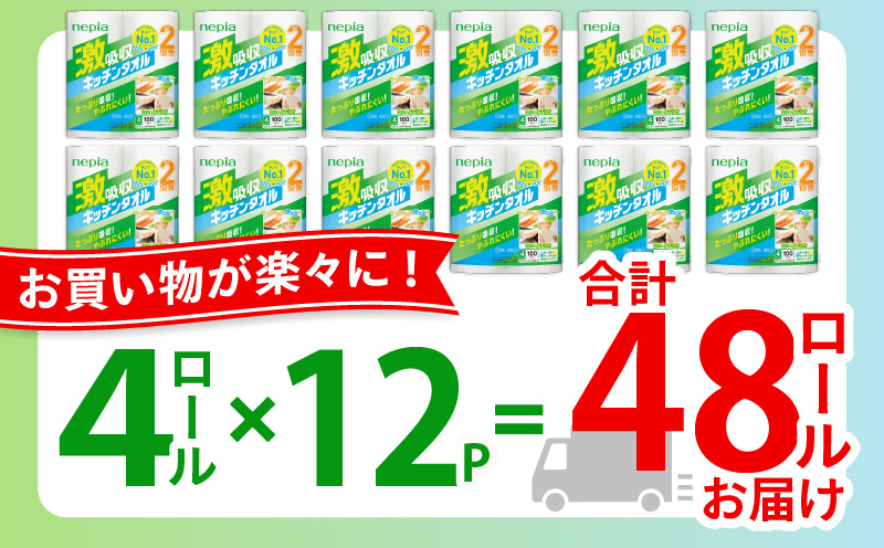 【A012】紙のまち苫小牧 王子ネピア 激吸収 キッチンタオル 100 （48ロール）　T001-001