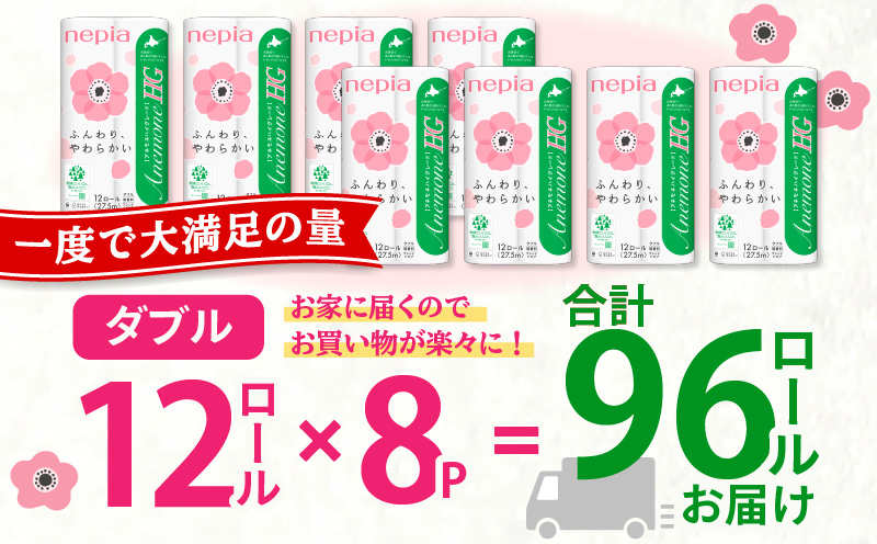 【A016】紙のまち苫小牧 ネピア トイレットペーパー アネモネHGダブル グリーンパッケージ（96ロール）　T001-002