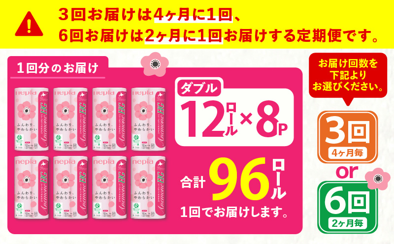 【全6回定期便】紙のまち苫小牧 ネピア トイレットペーパー アネモネHG ダブル ピンクパッケージ（96ロール×6回）　T001-T06