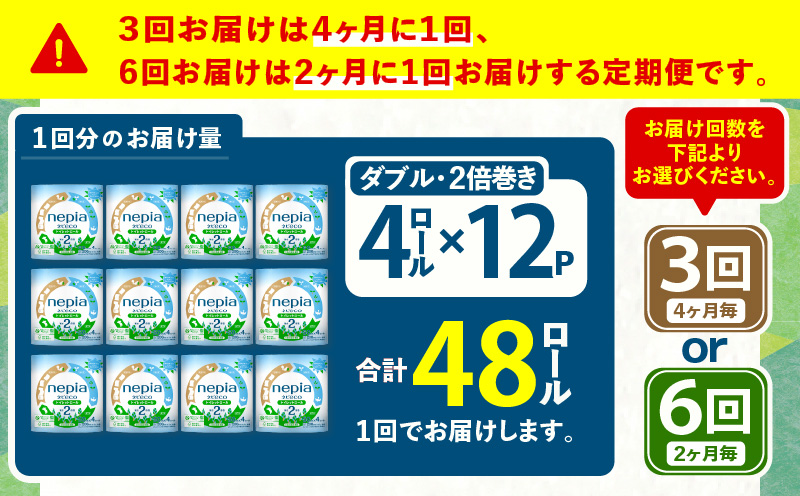 【全6回定期便】紙のまち苫小牧 ネピア ネピeco トイレットロール 2倍巻 4ロール ダブル 紙包装（48ロール×6回）　T001-T08