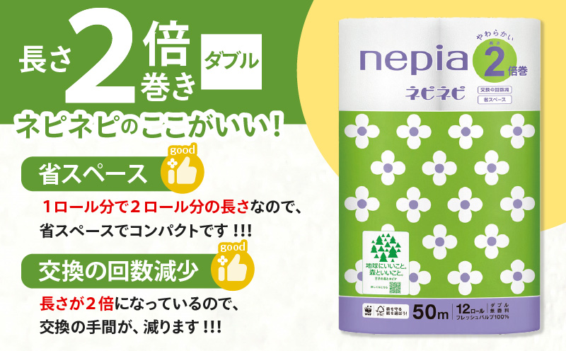 【全4回定期便】紙のまち苫小牧 ネピネピ トイレットロール 12ロール 2倍巻き ダブル 50m 6パック（72ロール×4回）　T001-T12