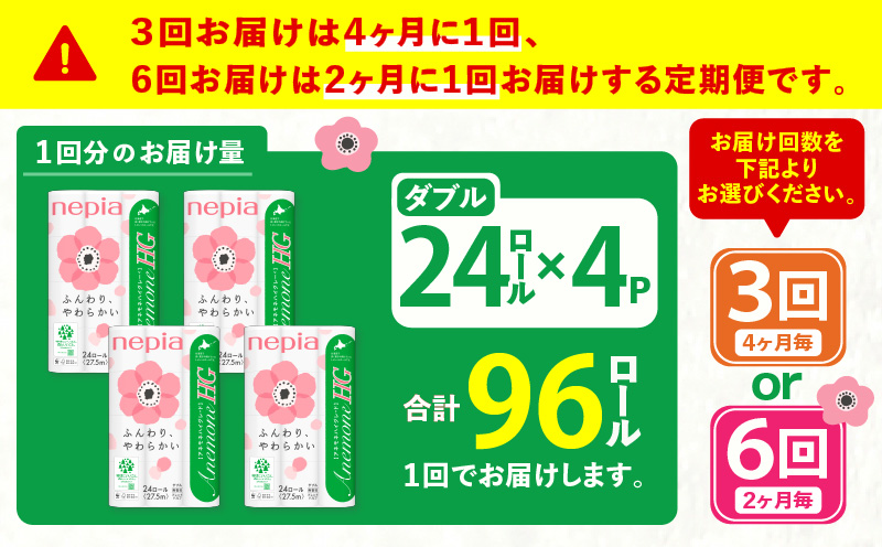 【全6回定期便】紙のまち苫小牧 ネピア トイレットロール アネモネHG 24ロール ダブル 4パック（96ロール×6回）　T001-T20