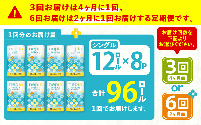【全3回定期便】紙のまち苫小牧 ネピア ネピネピメイト トイレットロール 12ロール シングル（96ロール×3回）　T001-T21