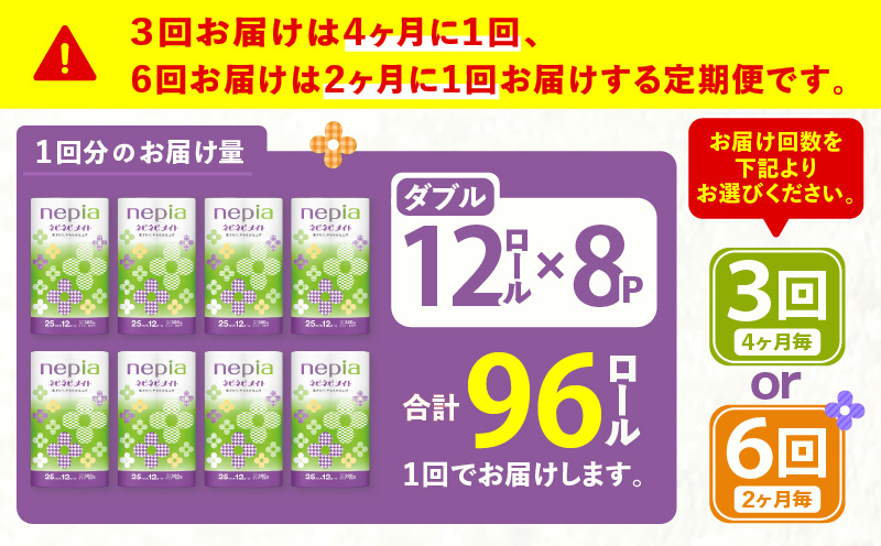 【全6回定期便】紙のまち苫小牧 ネピア ネピネピメイト トイレットロール 12ロール ダブル（96ロール×6回）　T001-T24