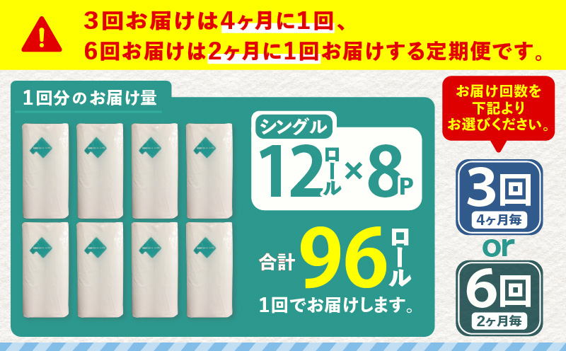 【全6回定期便】紙のまち苫小牧 ネピア 北海道トイレットロール（シングル）12ロール入り×8パック（96ロール×6回）　T001-T34