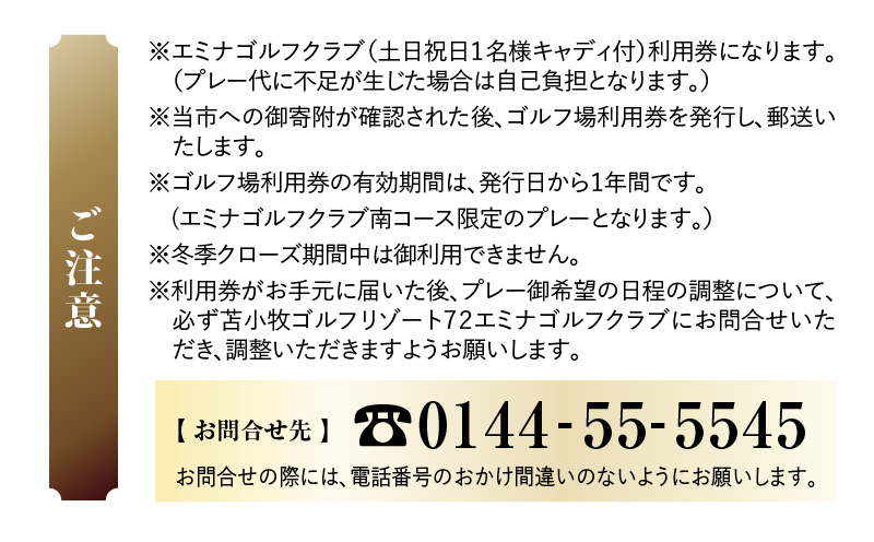 E08 【土日祝日限定】苫小牧ゴルフリゾート72 エミナゴルフクラブ ゴルフ場利用券（南コースキャディ付）　T042-FT09