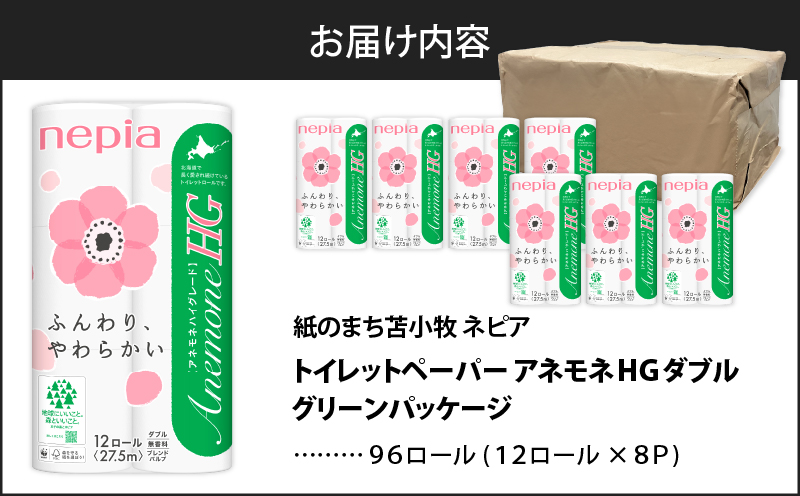 【A016】紙のまち苫小牧 ネピア トイレットペーパー アネモネHGダブル グリーンパッケージ（96ロール）　T001-002