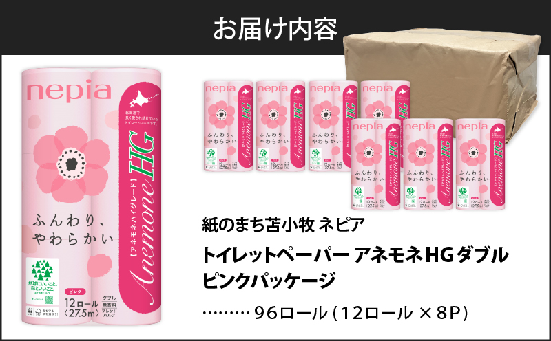 【A017】紙のまち苫小牧 ネピア トイレットペーパー アネモネHGダブル ピンクパッケージ（96ロール）　T001-003