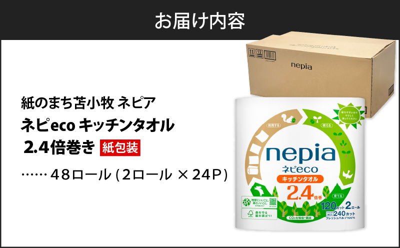 【A030】紙のまち苫小牧 ネピeco キッチンタオル 2ロール 24パック 紙包装　T001-007