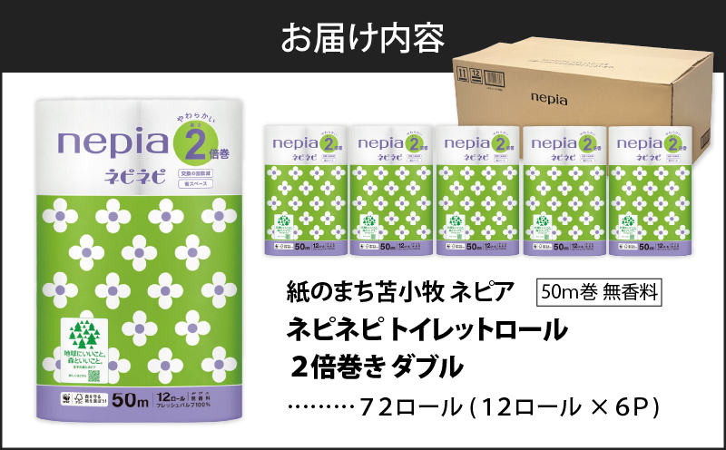 【A031】紙のまち苫小牧 ネピネピ トイレットロール 12ロール 2倍巻き ダブル 50ｍ 6パック　T001-008