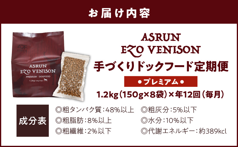 【定期便/年12回】【アスランエゾベニソン プレミアム 1.2kg（ドッグフード）】　T012-T04